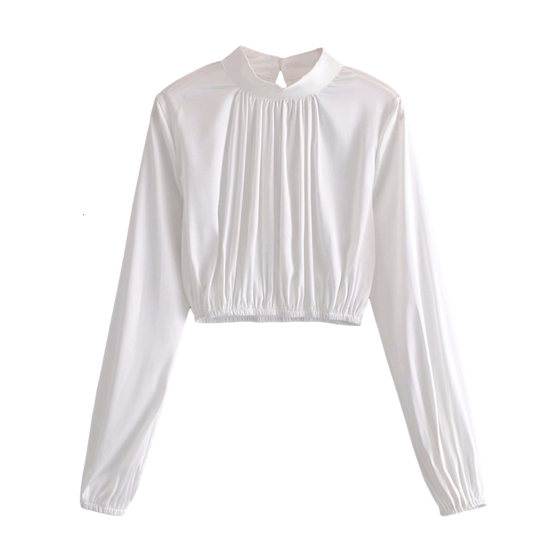 

2021 New Elegant Women Turtleneck Lantern Sleeve Shirts Fashion Ladies Short Tops Streetwear Female Chic Solid Draped Blouses H7uz, White