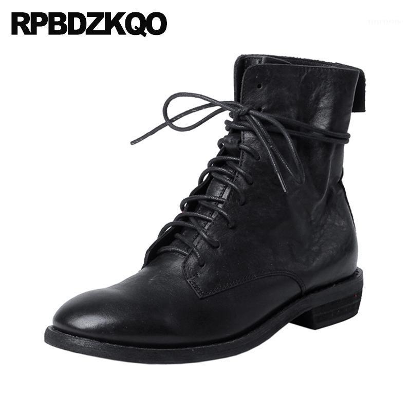 

2020 combat real leather round toe black front lace up casual ankle boots autumn fur chunky ladies shoes women winter1
