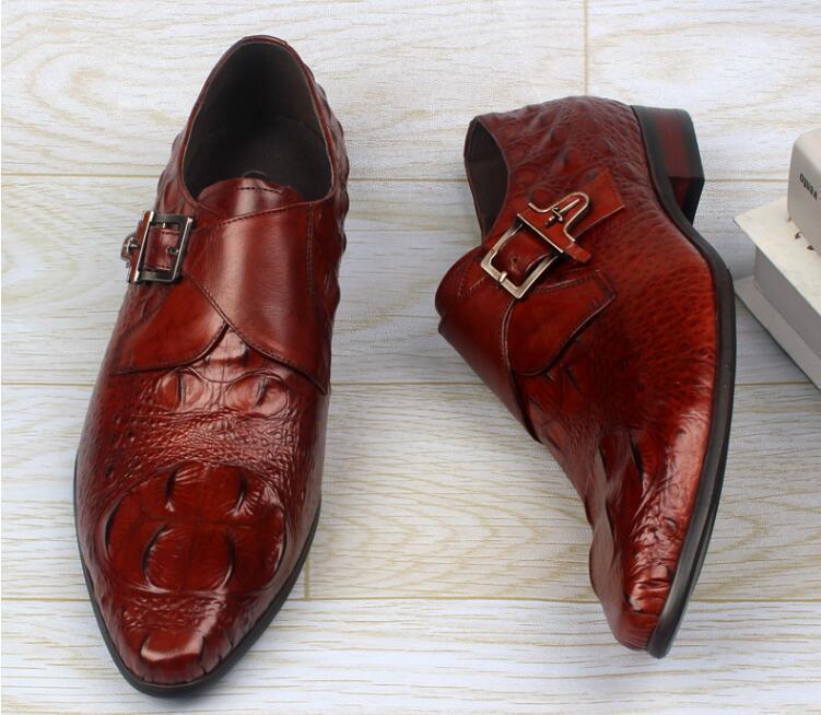 

Dress shoes men slip on buckle strap genuine leather smart casual shoes alligator print pointed toes oxfords formal business1, Black