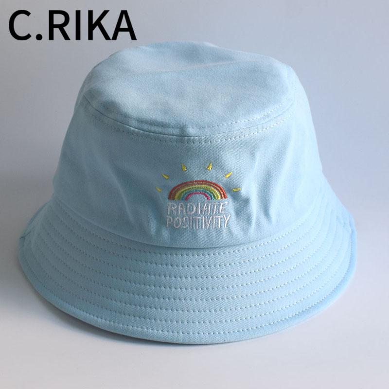 

2020 Unisex Foldable Embroidered Cotton Bucket Hat Bob Rainbow Print Summer Outdoor Sunscreen Panama Girls Hip Hop Fisherman Hat, Blue