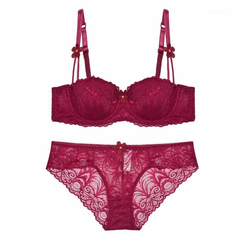 

Europe Romantic Solid Embroidery Sexy Lingerie Suit 1/2 thin cup cotton push up underwear set women dress bra set big size ABCD1, Black