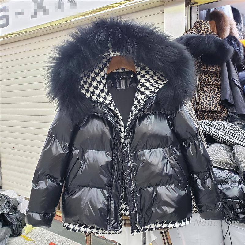 

2021 Winter Down Cotton-Padded Women's European Style Houndstooth Stitching Genuine Real Fur Collar Loose Hooded Padded Coat, As picture