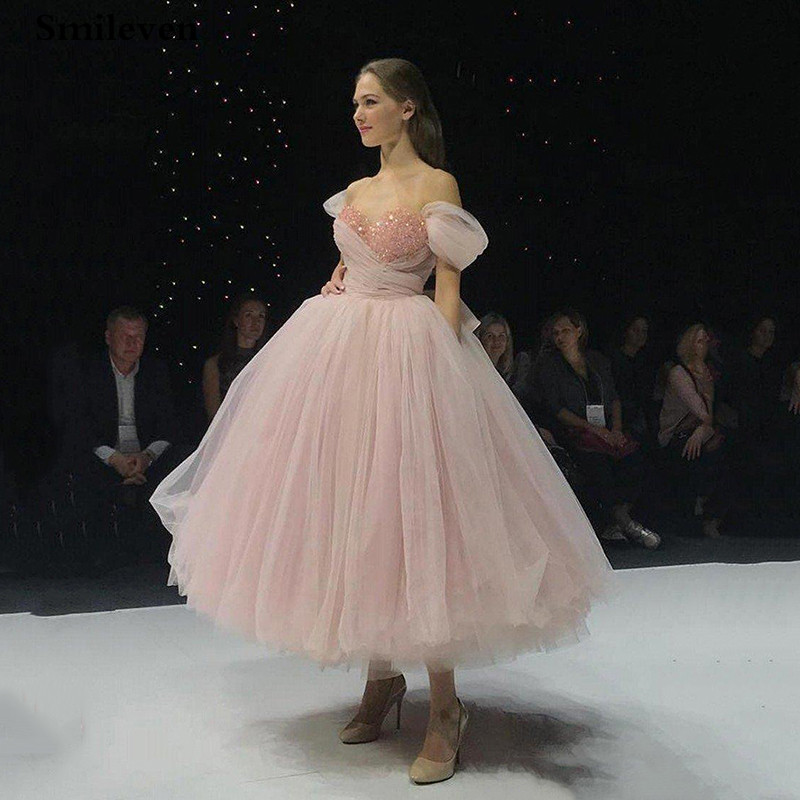 

Smileven A Line Pink Off The Shoulder Prom Dress Ankle Length Beads Backless Lace Formal Evening Party Gowns vestidos de festa, Black