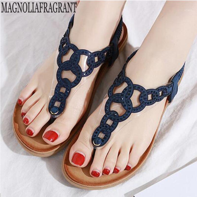 

New Bohemian 2020 Summer Women Shoes Fashion Womens Sandals Flat Heel Beach Shoes Ladies Rhinestone Elastic Women's hy4251, Blue