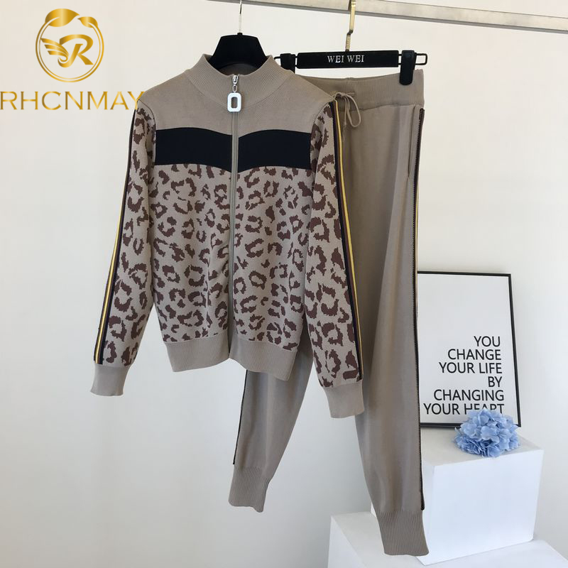 

Tracksuit Women Leopard Knit Zip Cardigan Tops+Pants Suit 2PCS Sets Long Sleeve Jacket Coat Woman Casual Sweater Trousers Suits 201106, Khaki