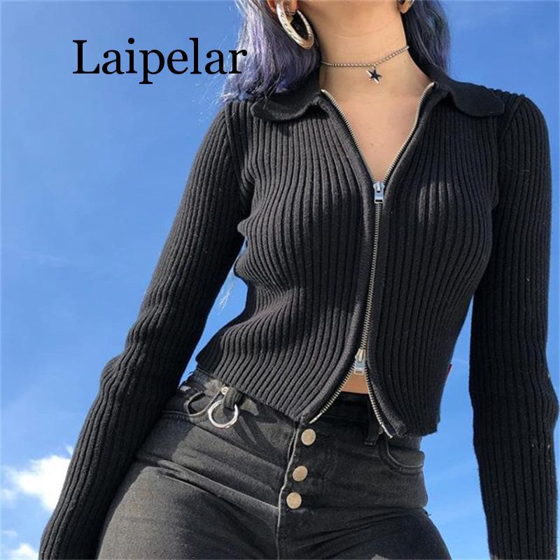 

Laipelar 2020 New Women Autumn Ribbed Zipper Sweaters Navel Bare Crop Tops Cardigan Long Sleeve Turn Down Collar Sweater, Black