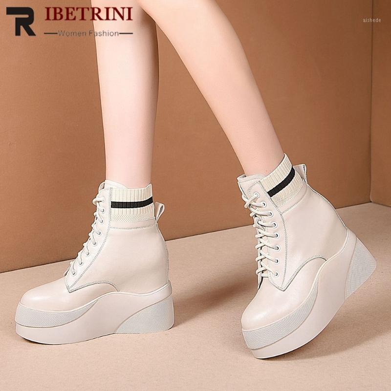 

RIBETRINI Genuine Leather Platform Height Increases Shoelaces Cow Skin Knitting Ankle Boots Stylish Winter Shoes Boots Women1, Beige