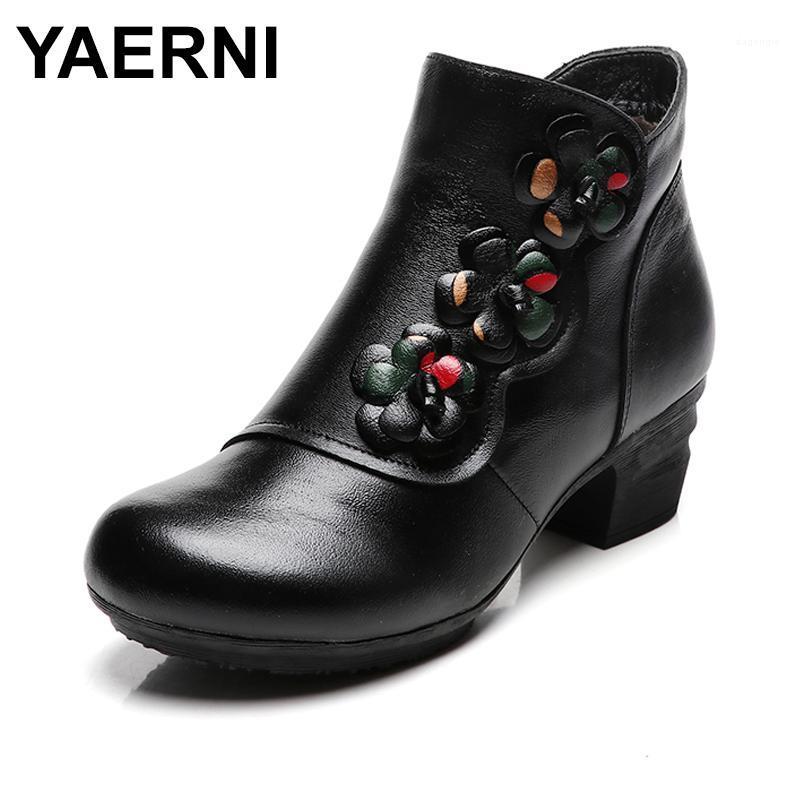 

YAERNI Ankle Boots Nice Women Shoes Genuine Leather Winter Boots Soft Flower Leather Comfortable Warm Spare Heel E3151, Black