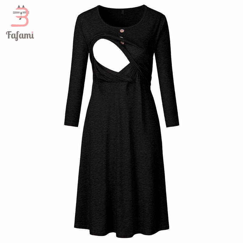 

Maternity Nursing Dress Maxi Long Sleeve Fall A Line Maternity Dresses for Breastfeeding Clothes for Pregnant Women with Button, Black