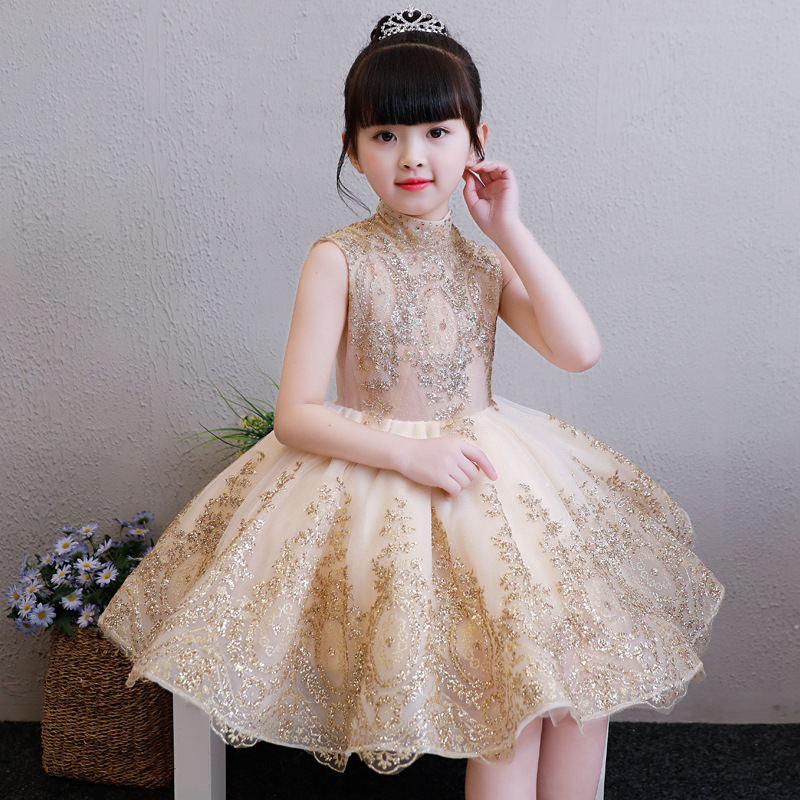 

Elegant Golden Tulle Flower Girl Dress Party Kids Pageant Gown Princess Wedding Dress Sleeveless First Communion Sequin Dresses 20211223 H1, As show