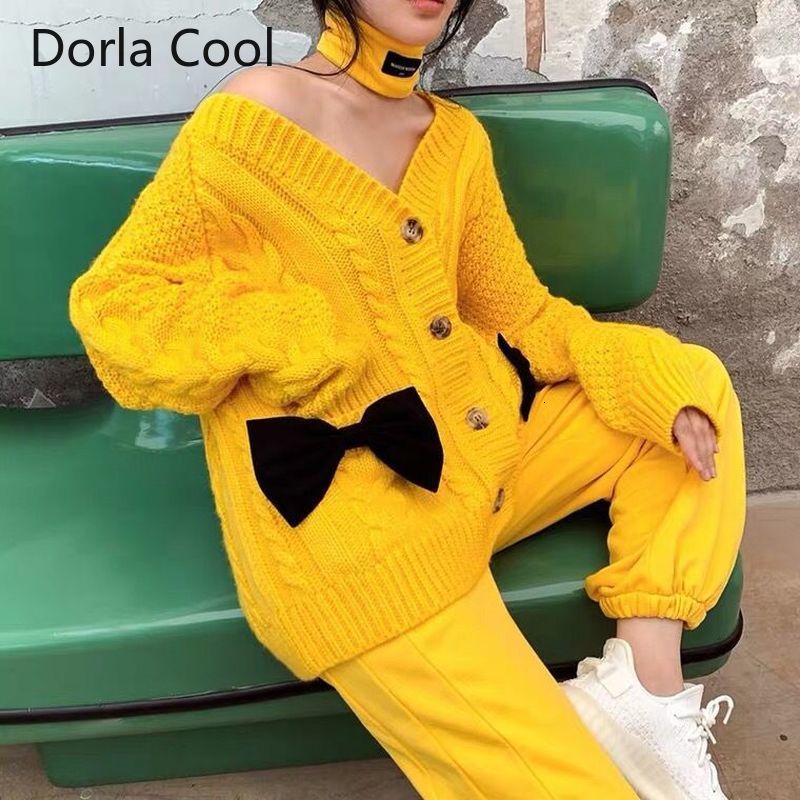 

High Runway Women's Cardigans Mesh Bow Pockets Loose Shirts Street Wear Deep Designer with Low-necked v Buttons Outerwear Jackets Gfhr, Yellow