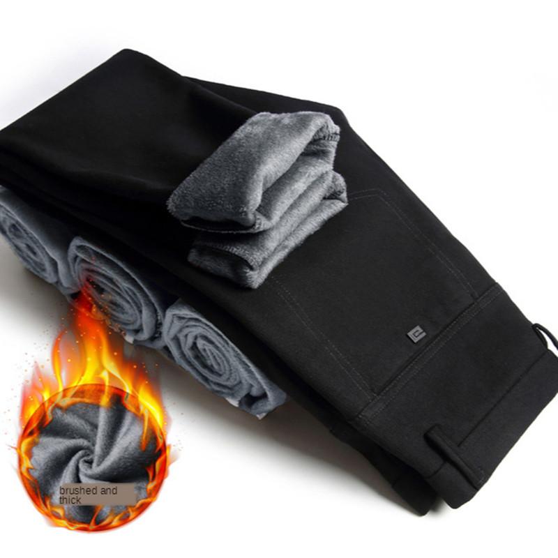 

ICPANS Thicken Fleece Winter Pants Men Warm Clothing Stretch Casual Pencil Pants Fashion Business Slim Male Trousers, Black