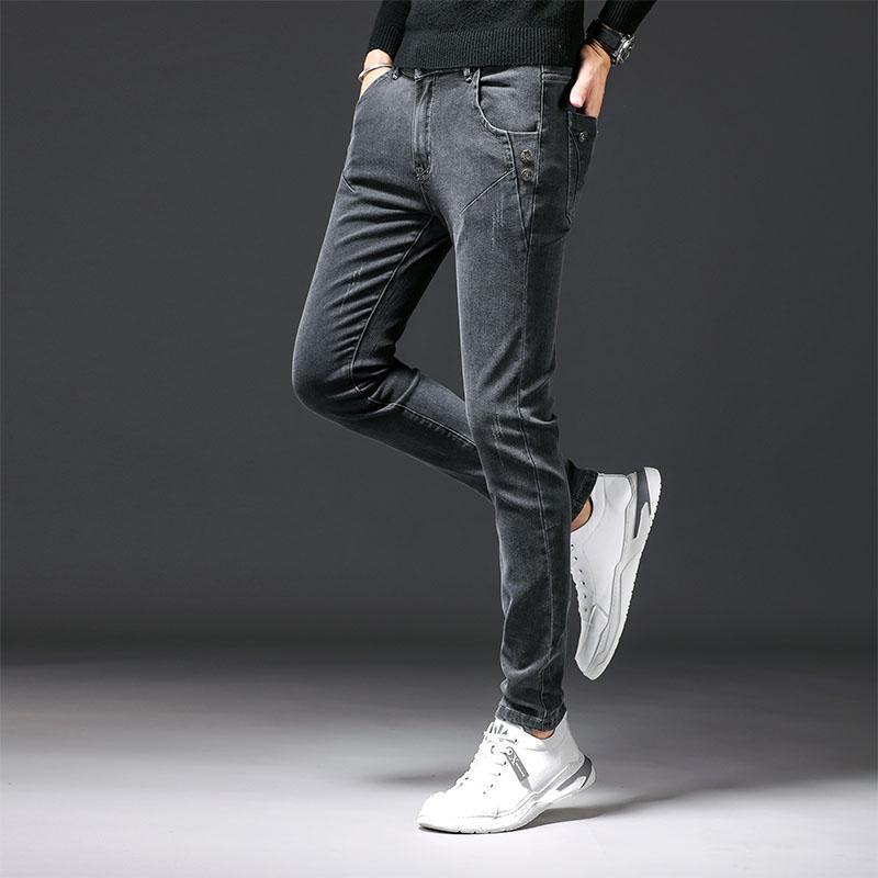 

2020 Autumn New Korean Slim Fit Skinny Jeans Men Clothing All Match Button Decor Comfortable Stretched Denim Trousers 27-36 Sale, Blue