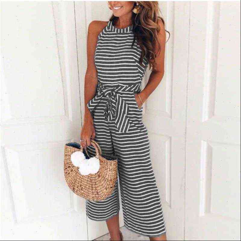 Womens Romper Elegant Sexy Jumpsuits Women Sleeveless Striped Jumpsuit Loose Trousers Wide Leg Pants Rompers Holiday Belted Leotard Overalls-image-680174260