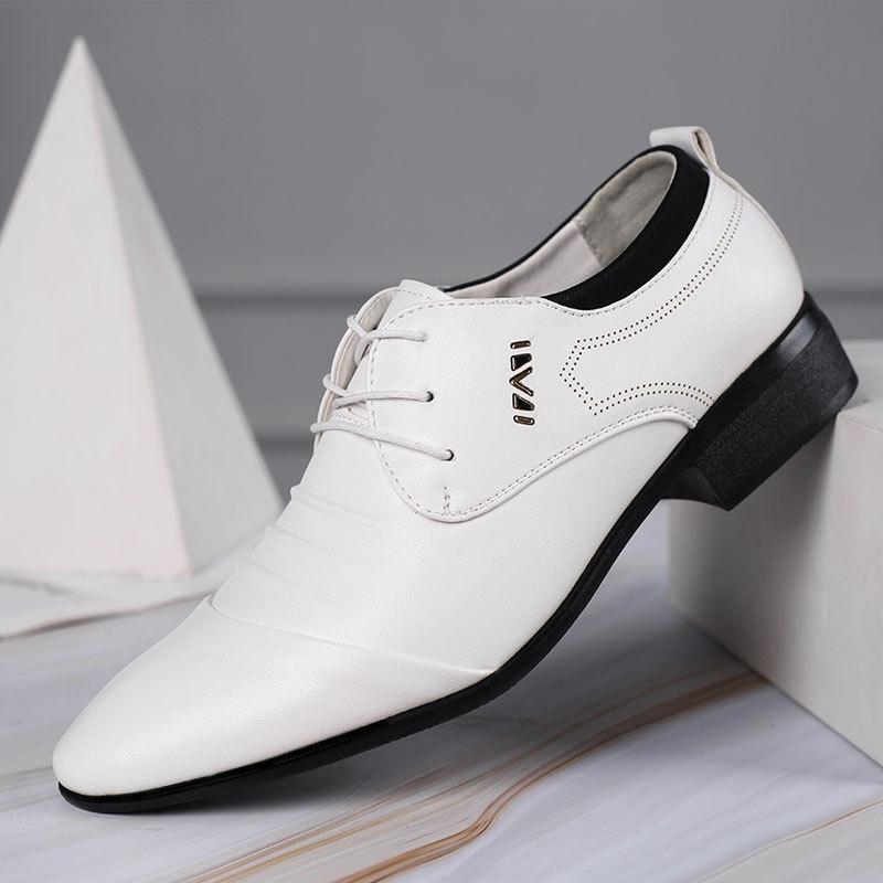 

New British Men's Slip On Split Leather Pointed White Toe Men Dress Shoes Business Wedding Oxfords Formal Shoes For Male 38-48
