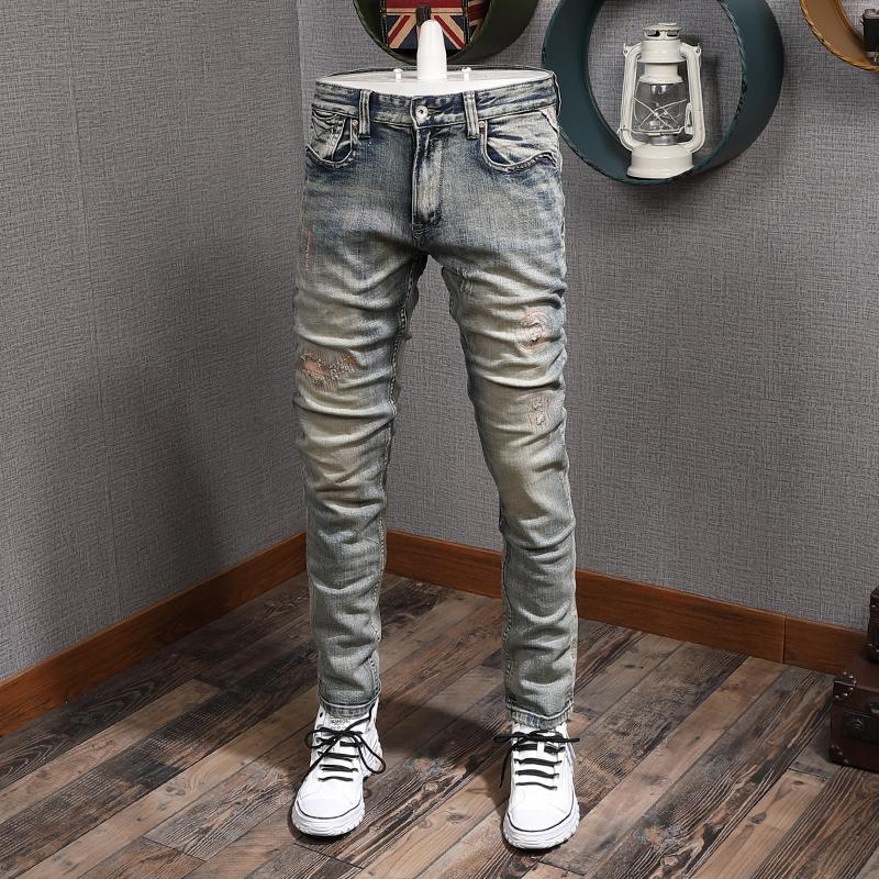 

Italian Style Fashion Men Jeans High Quality Retro Wash Slim Fit Ripped Denim Pants Patchwork Vintage Designer Long Trousers, Retro yellow