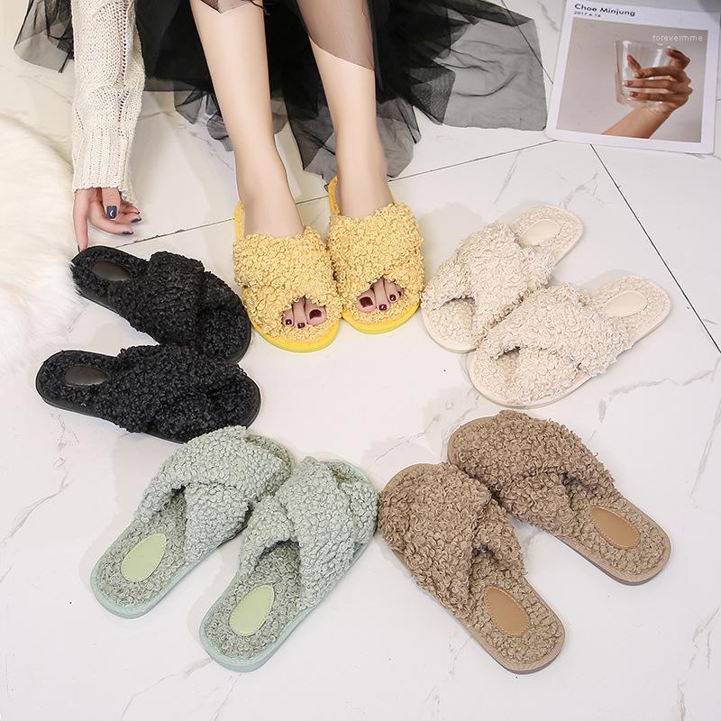 

Luxury Faux Suede Home Women Full Fur Slippers Winter Warm Plush Bedroom Non-slip Solid Wool Shoes Indoor Ladies Furry Slippers1, White