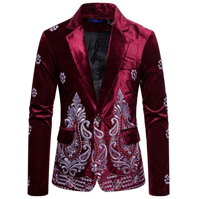 

Blazer de lujo nico para hombre traje de chaqueta escenario traje terciopelo masculino un botn hilo dorado bordado, Black