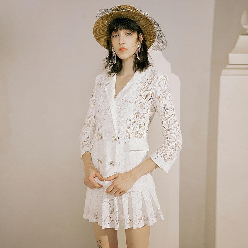 

Skirt Suits Women Two Piece Sets Blazer Suit Jacket Mini Skirt Elegant Lace Designer Runway High Quality Uniform, White