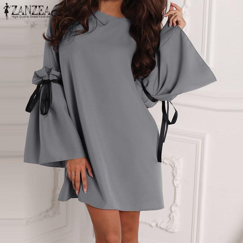 

2020 ZANZEA Elegant Solid Bow Tie Short Dress Women Casual Long Flare Sleeve Summer Fashion Party Mini Vestidos Chic Dresses, Gray