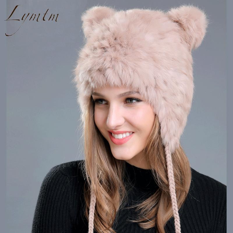 

New Lovely Bear Ear Skullies Beanies Genuine Rex Fur Fabric Knitted Hats Winter Warm Soft Solid Caps Snow Women Hat, White