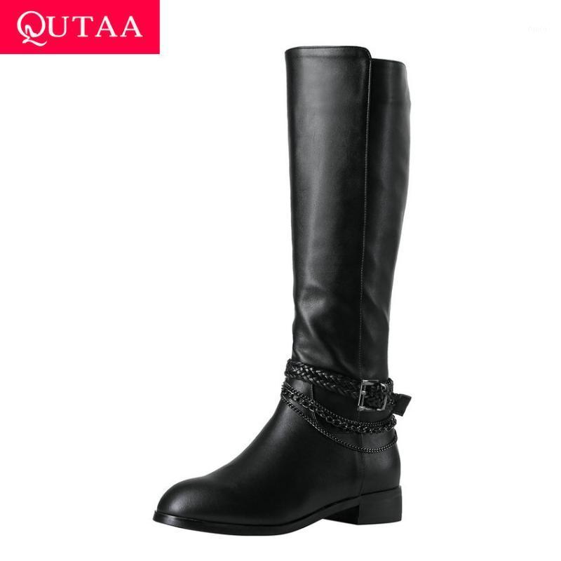 

QUTAA 2020 Buckle Square Heel Casual Autumn Winter Women Shoes Round Toe Cow Leather Zipper Fashion Knee High Boots Size 34-421, Black
