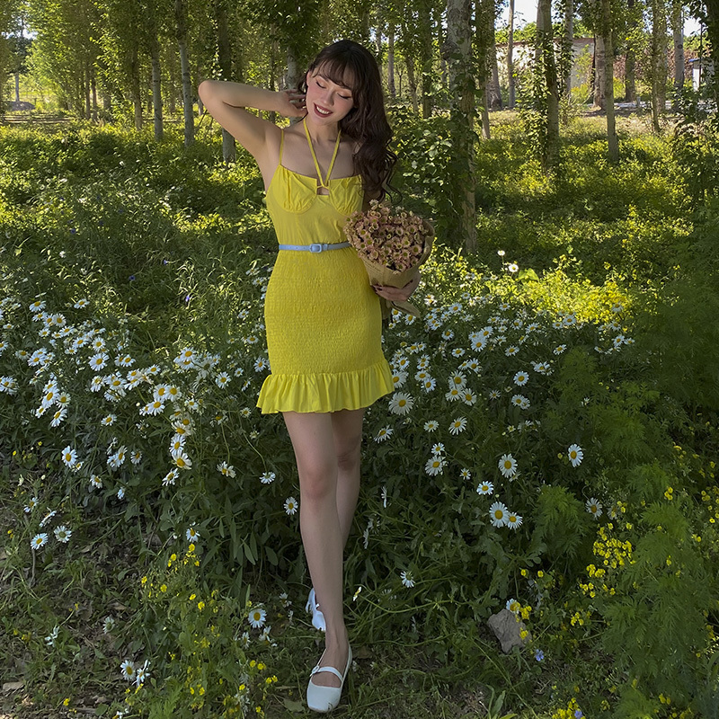 

2021 Summer New Yellow Lemon Dressed Up Vintage Sexy Spaghetti Girdle Above the Knee Cute Little Frilly Dress RIB7