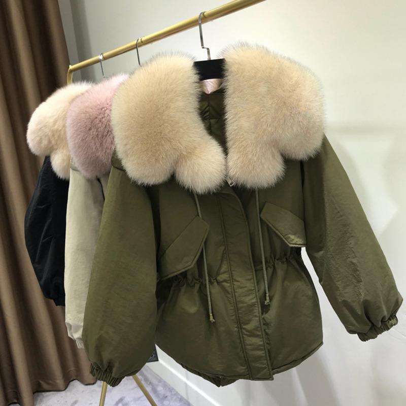 

Winter White Duck Down Coat 2021 New Korean Real Large Nature Fur Black Short Puffer Jacket Thick Warm Parkas Female Outwear, Beige
