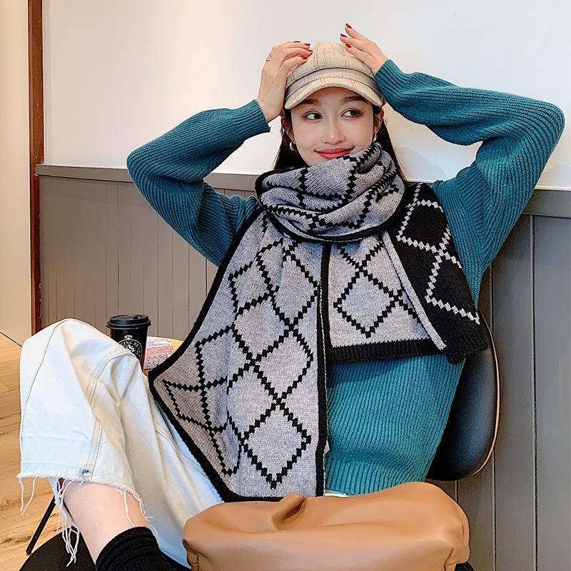 

2020 autumn winter new diamond lattice double-sided women's scarf fashionable and warm student knitted wool scarf long thickened