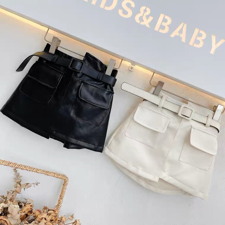 

INS Newest Spring Autumn girls PU skirt kid children bottoms fashion faux leather waist belt front pockets 2-7T