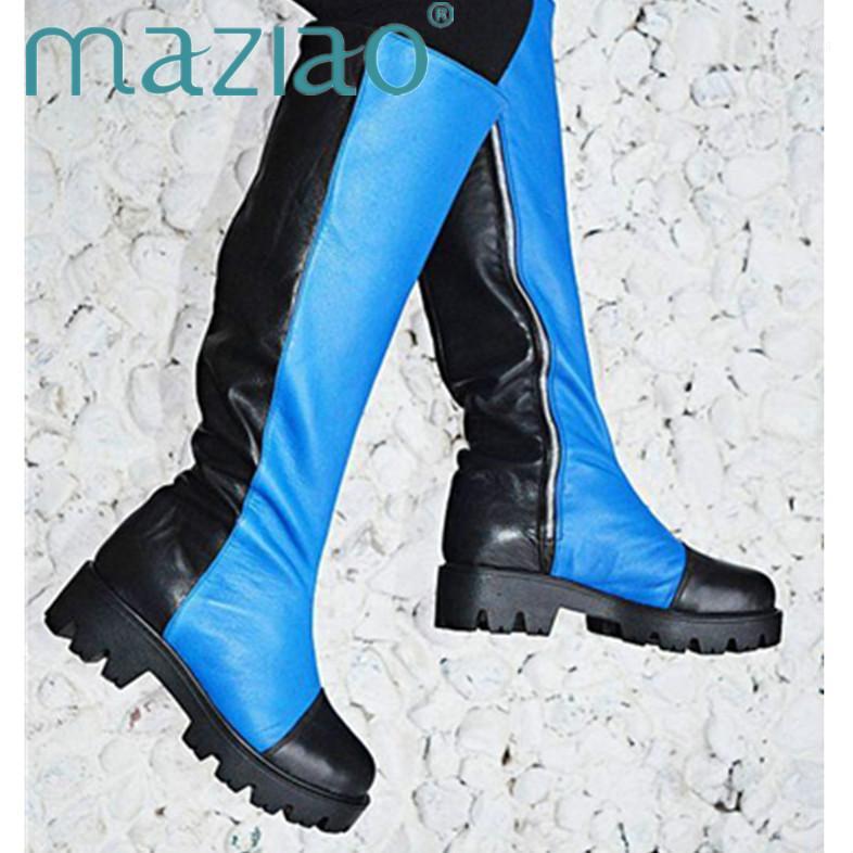 

PU Leather Women Long Boots Riding Casual Mixed Colors Zipper Autumn Winter Thigh High Loose Boots Botas Mujer Footwear MAZIAO1, Blue