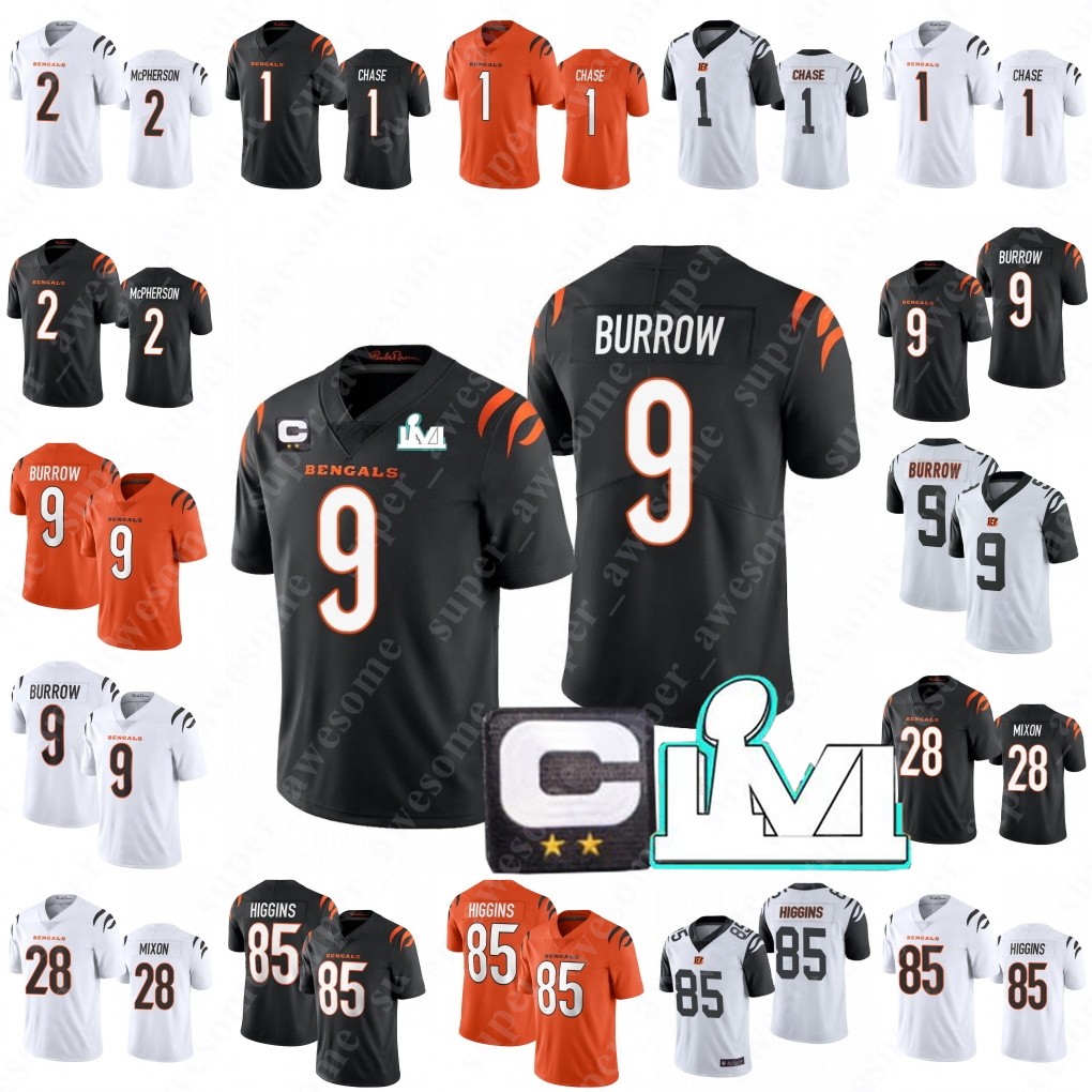 

Captain Patch 9 Joe Burrow Football Jersey 1 Ja'Marr Chase 85 Tee Higgins 2 Evan McPherson 28 Mixon Hand Stitched Black White Orange, 9white