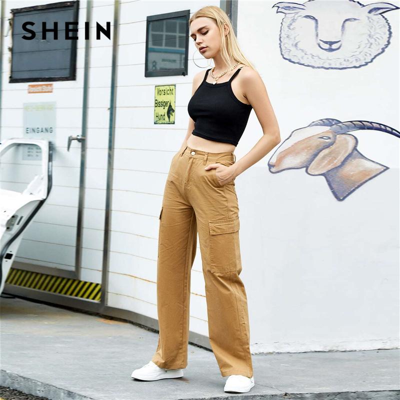 

SHEIN Camel High Waisted Slant Pocket Cargo Jeans Zipper Straight Leg Denim Long Pants Ladies Solid Casual Jeans, Army green