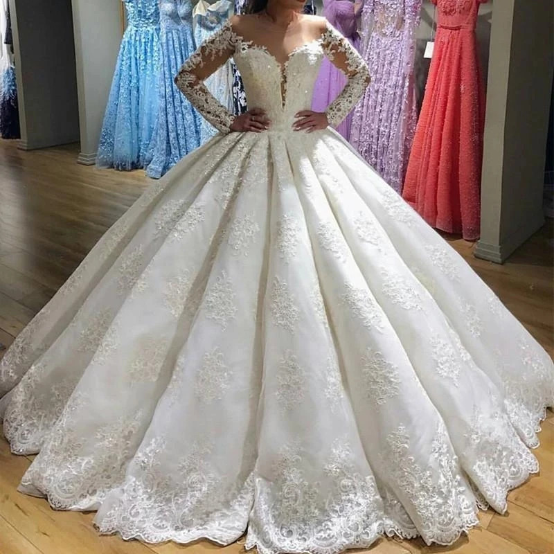 

2021 New Deluxe Bills Rent Applique Ball Dress Sexy Illusion Return Court Train Wedding Gown Mariee Robe VY4T, White