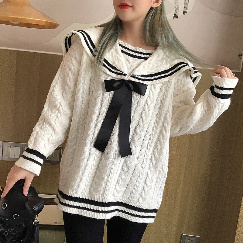 

2021 Sweet Korean Female Blouses New Autumn Winter Gola Crew Torso Knitted Sweater Kawaii Bowtie Oversized Mesh Tops 672X, White