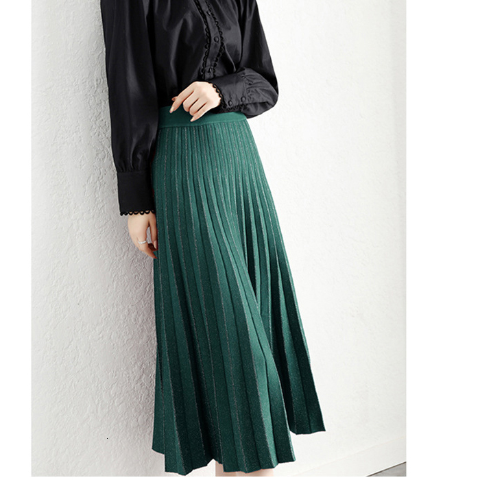 

2021 New Sherhure High Waist Winter Knitted Long Skirts Pleated A-line Jupe Femme Saia Women Brown Skirt Amsl, Blue