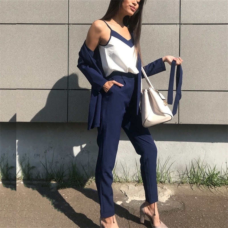 

Taotrees Pants Women's Suit V Neck Buttonless Bracelet Sleeves Blazer Jacket &Strap Vest &Full Length Pant 3 Piece Set OL Style 201109, Grey blue