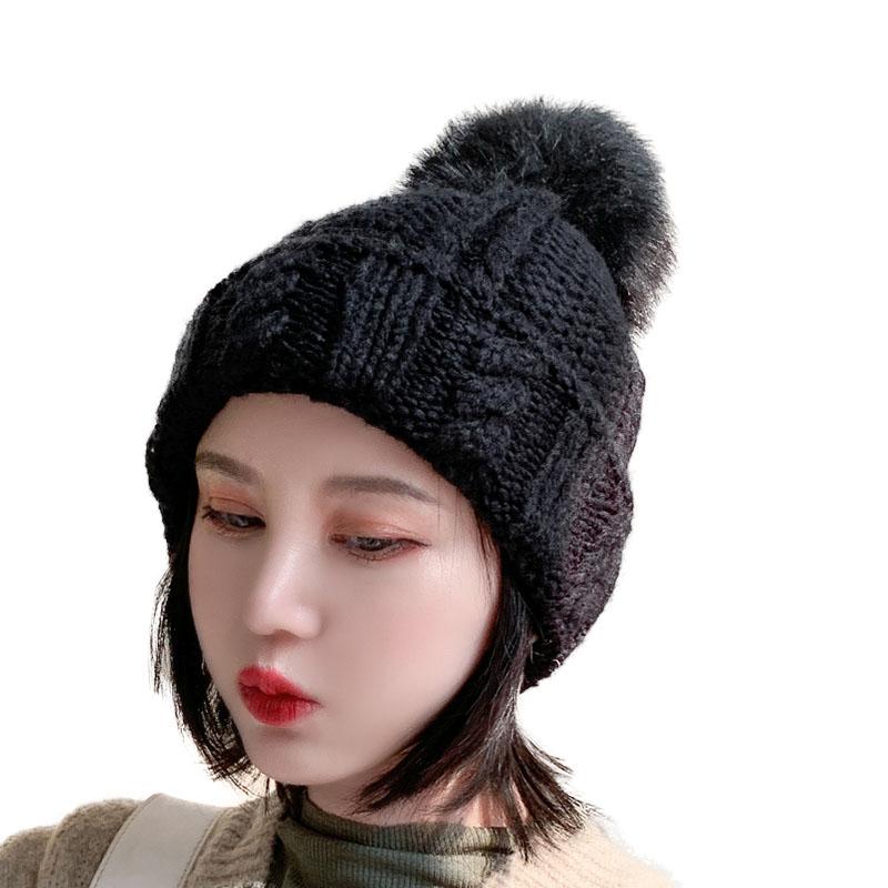 

Hat Female Winter Warm Wool Hat Knitted 2020 New Faux Pom Pom women Skullies For Lady Beanies