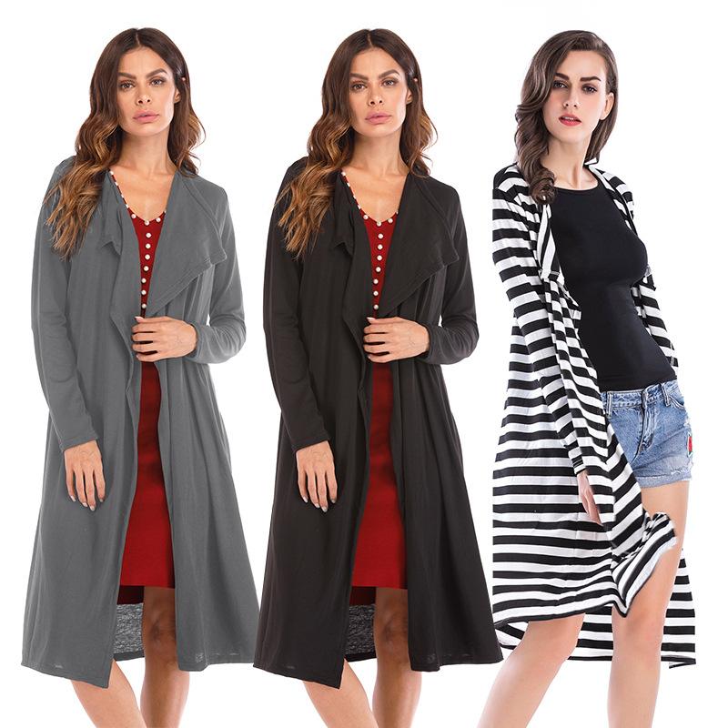 

Autumn 2020 EU & US long sleeve cardigan coat irregular round face stripe knitting casual single breasted women's sweater, Black