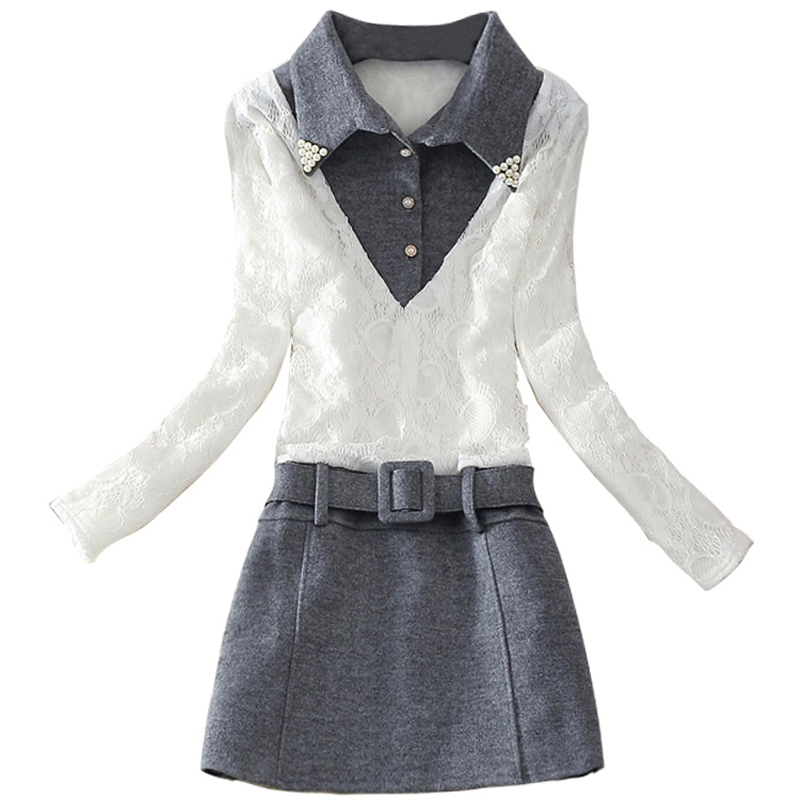 Winter Warm Plus Velvet Dress Women Long Sleeve Casual Patchwork Lace Dresses Elegant Turn-down Collar A-Line Vestidos De Festa 201126Z