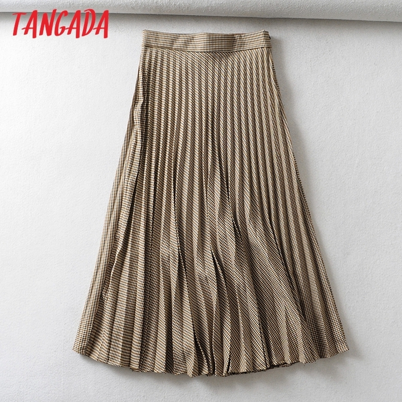 

Tangada women plaid pleated midi skirt faldas mujer vintage side zipper office ladies elegant chic mid calf skirts 6A01 Y200326, Gray