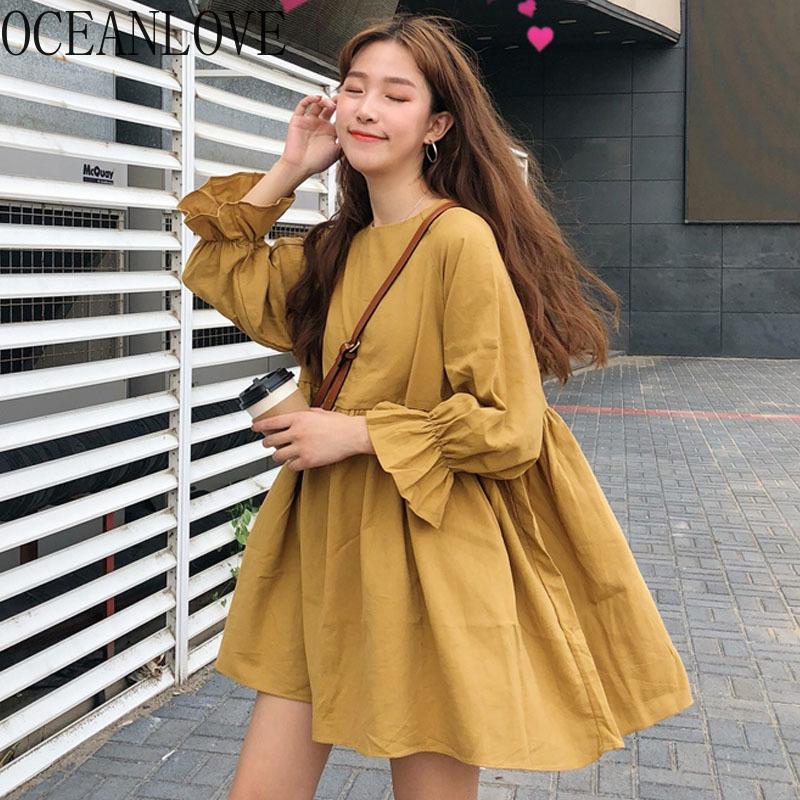 

OCEANLOVE 2020 Korean Sweet Fashion Women Dress Loose High Waist Chic Vestidos Spring Flare Sleeve Mini Dresses New 15612, Brown