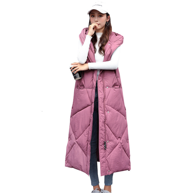 

New 2021 Winter Coat Hooded Collar Women Chic Cotton Warm Long Tops Vest Chaleco Mujer Gilet Feminino X1kd, Coral red