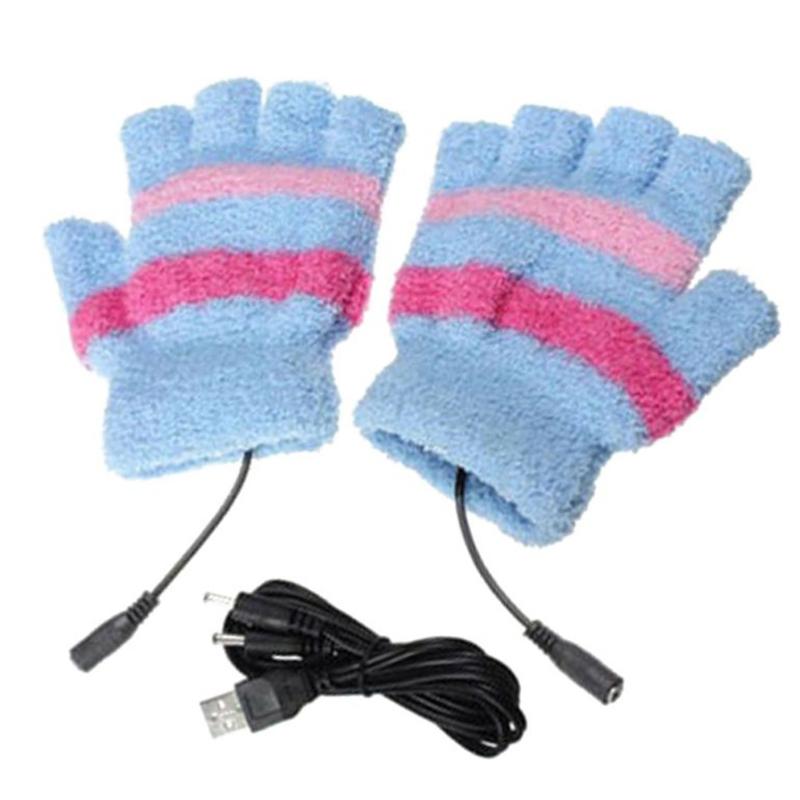 

Unisex Winter USB Heated Fingerless Gloves Fuzzy Plush Striped Heating Mittens 875B