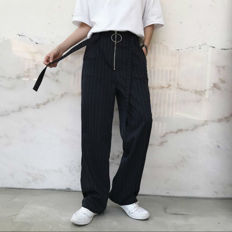 

2020 Summer New Striped Long-legged Streamer Male Fashion Design Pants Japanese Tides Loose in a Straight Line Long Trousers 2j8g, Black