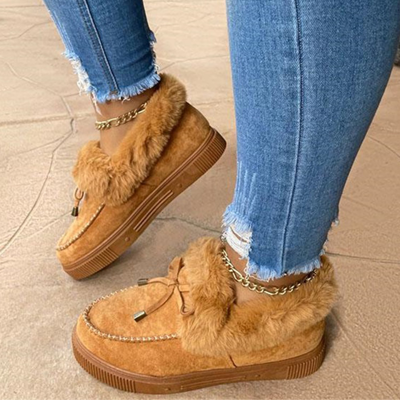 

2021 New Women Fur Slip-on Cotton Cute Bowknot Plush Loafers Winter Warm Short Snow Boots Female Furry Flat Shoes 6t1k, Lightpink