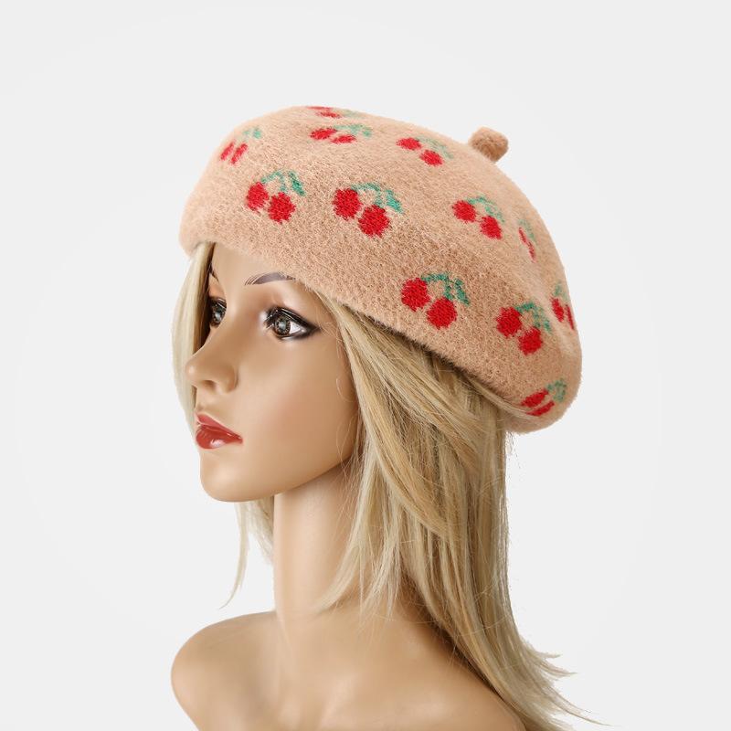 

Women Beret Cherry Pattern Hat Autumn and Winter Wool Hat Winter Street Fashion Painter, Black