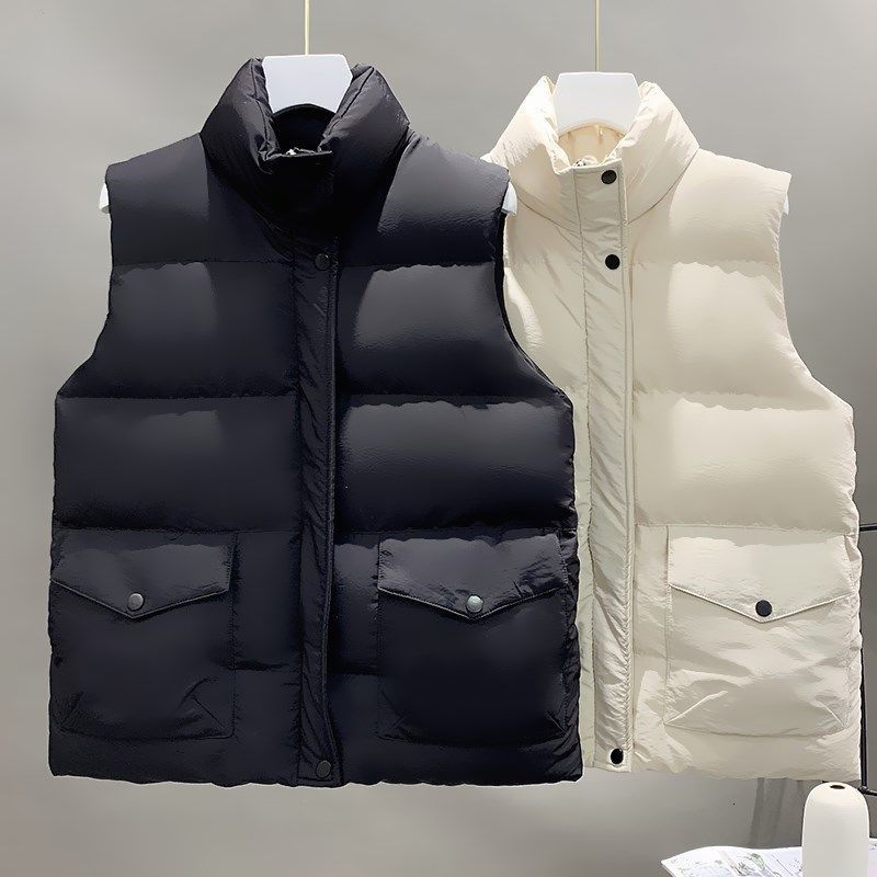 

2021 New Women Winter Vests Warm Big Pocket Cotton Padded Er Sleeveless Parkas Jacket N9s3, Beige