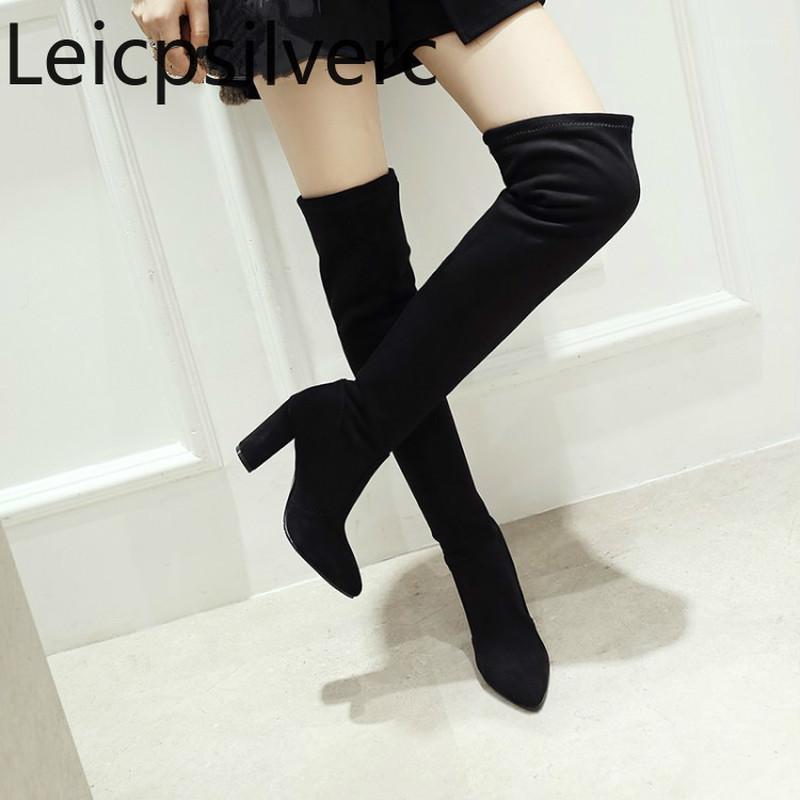 

Women's Boots winter new style fashion Flock Slip-On Pointed Thick heel High heel Women's Over the knee boots plus size 32-461