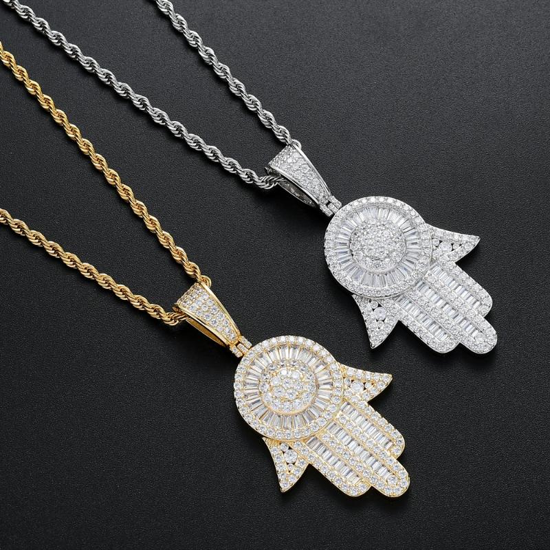 

Men Brass Setting CZ Fatima Hand Pendant Iced Out Cubic Zircon Necklace Hip Hop gift Jewelry bling bling CN194